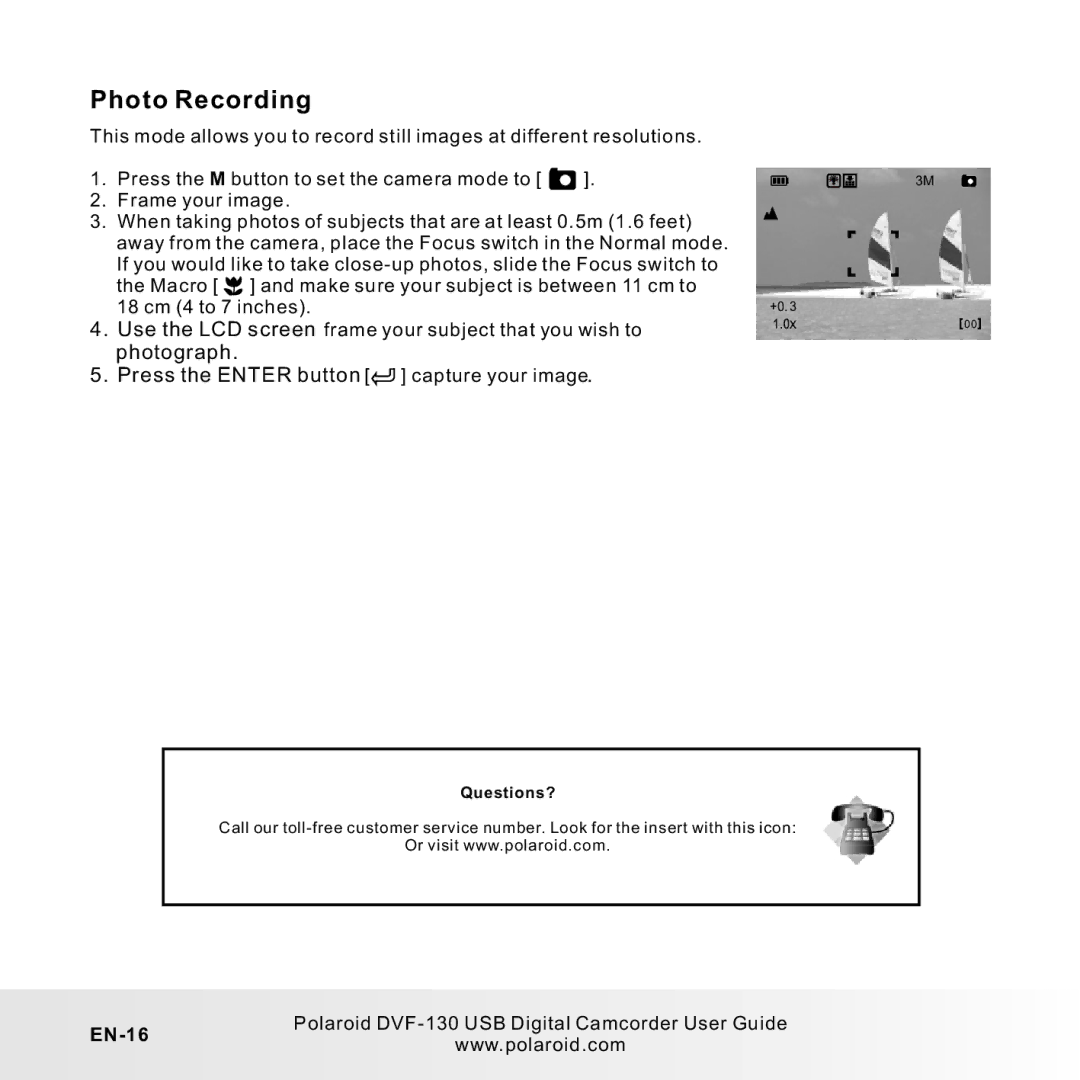 Polaroid DVF-130LC user manual Photo Recording, Photograph Press the Enter button capture your image, EN-16 