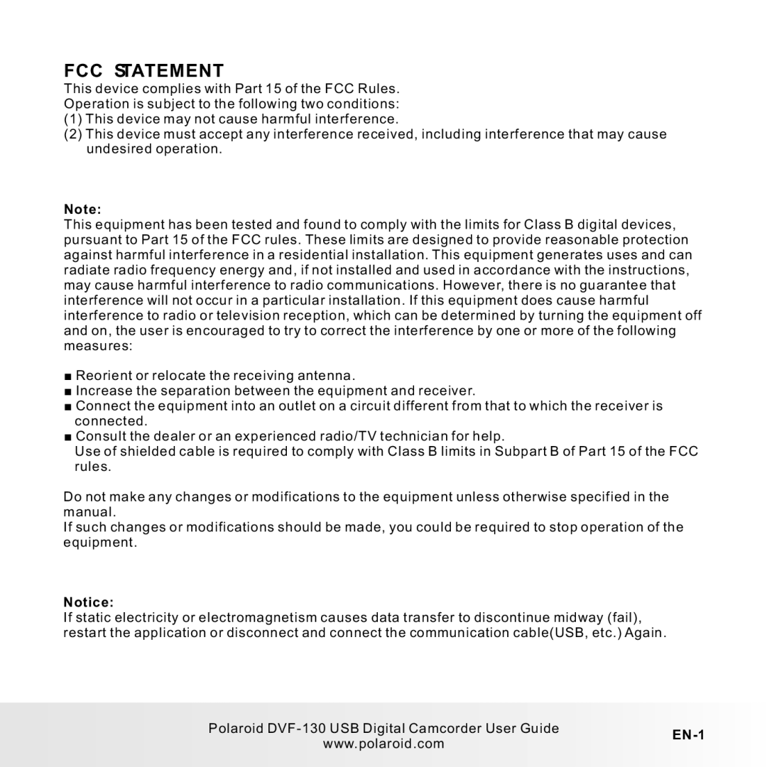 Polaroid DVF-130LC user manual FCC Statement, EN-1 