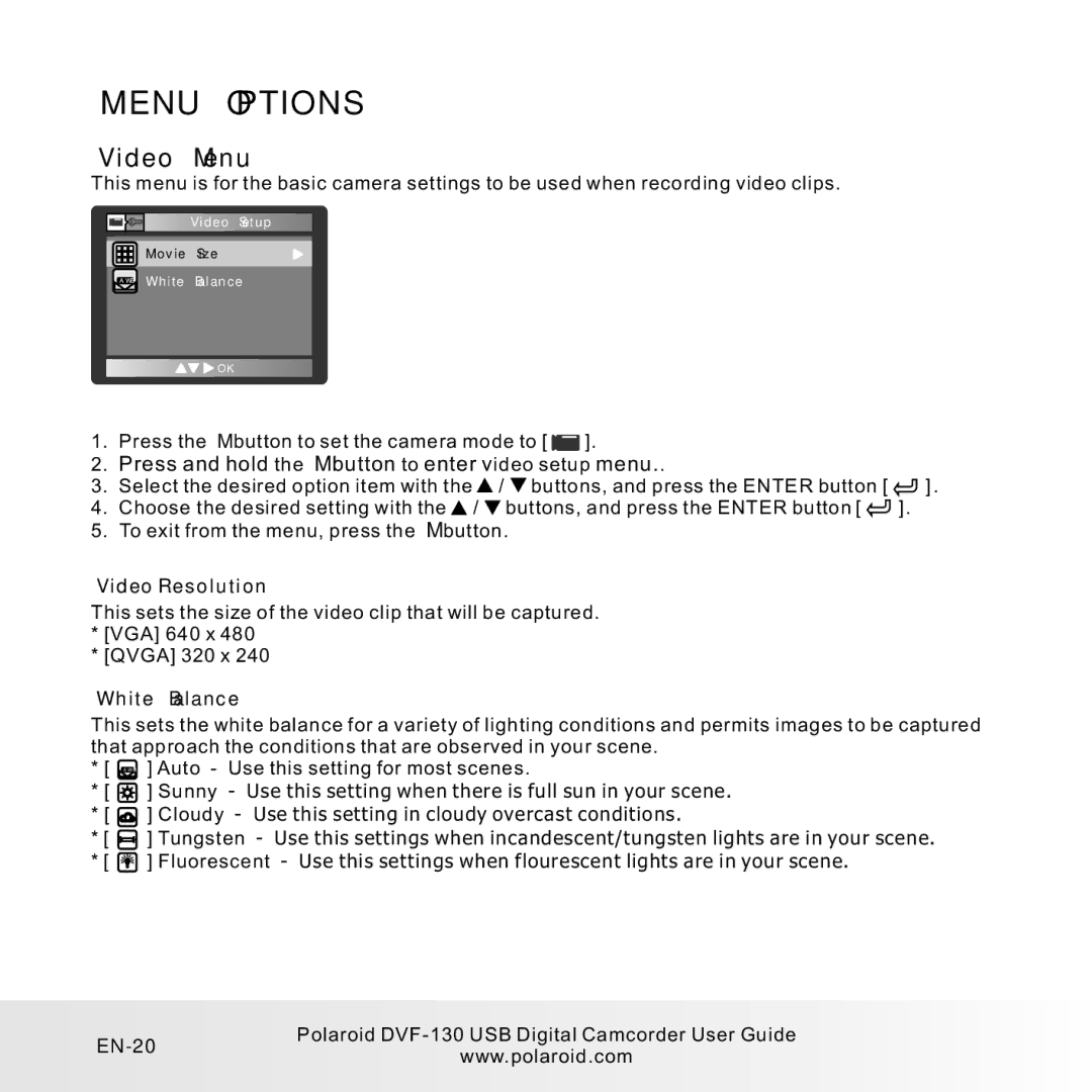 Polaroid DVF-130LC Menu Options, Video Menu, Press and hold the M button to enter video setup menu, Video Resolution 