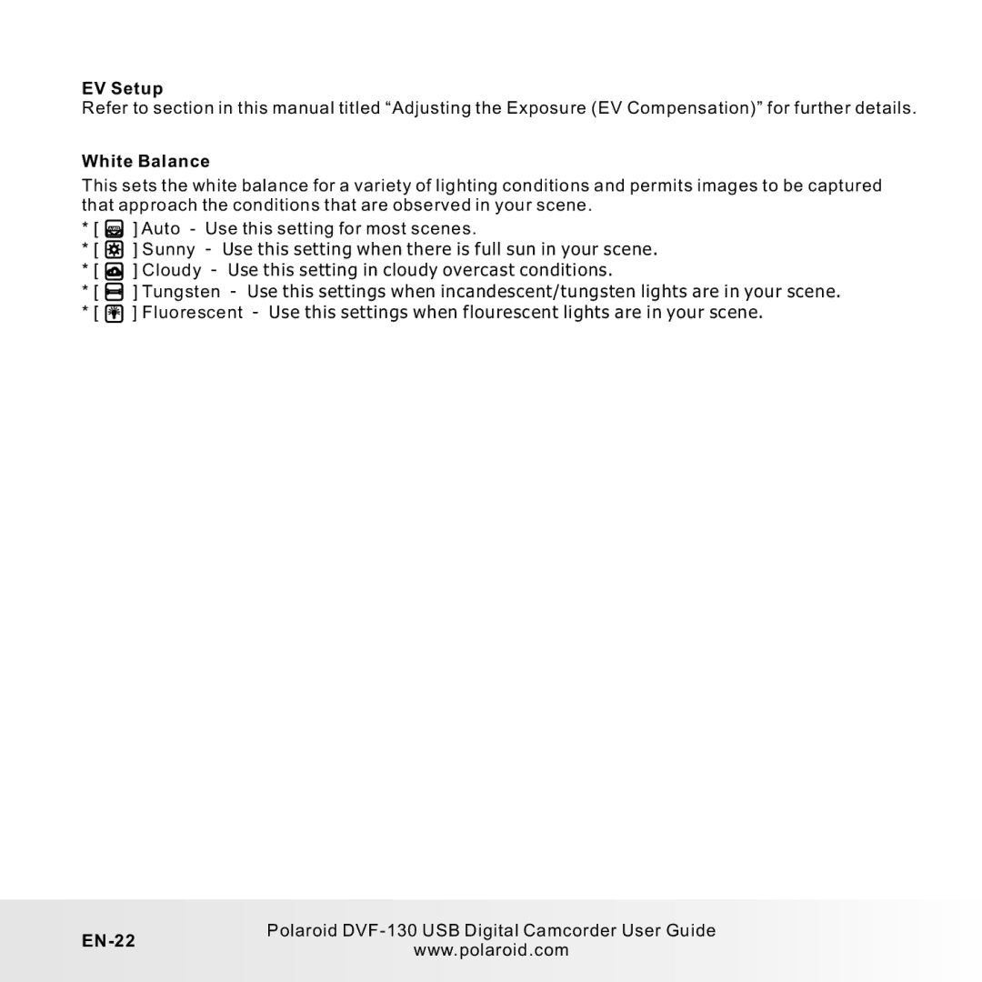 Polaroid DVF-130LC user manual EV Setup, EN-22 