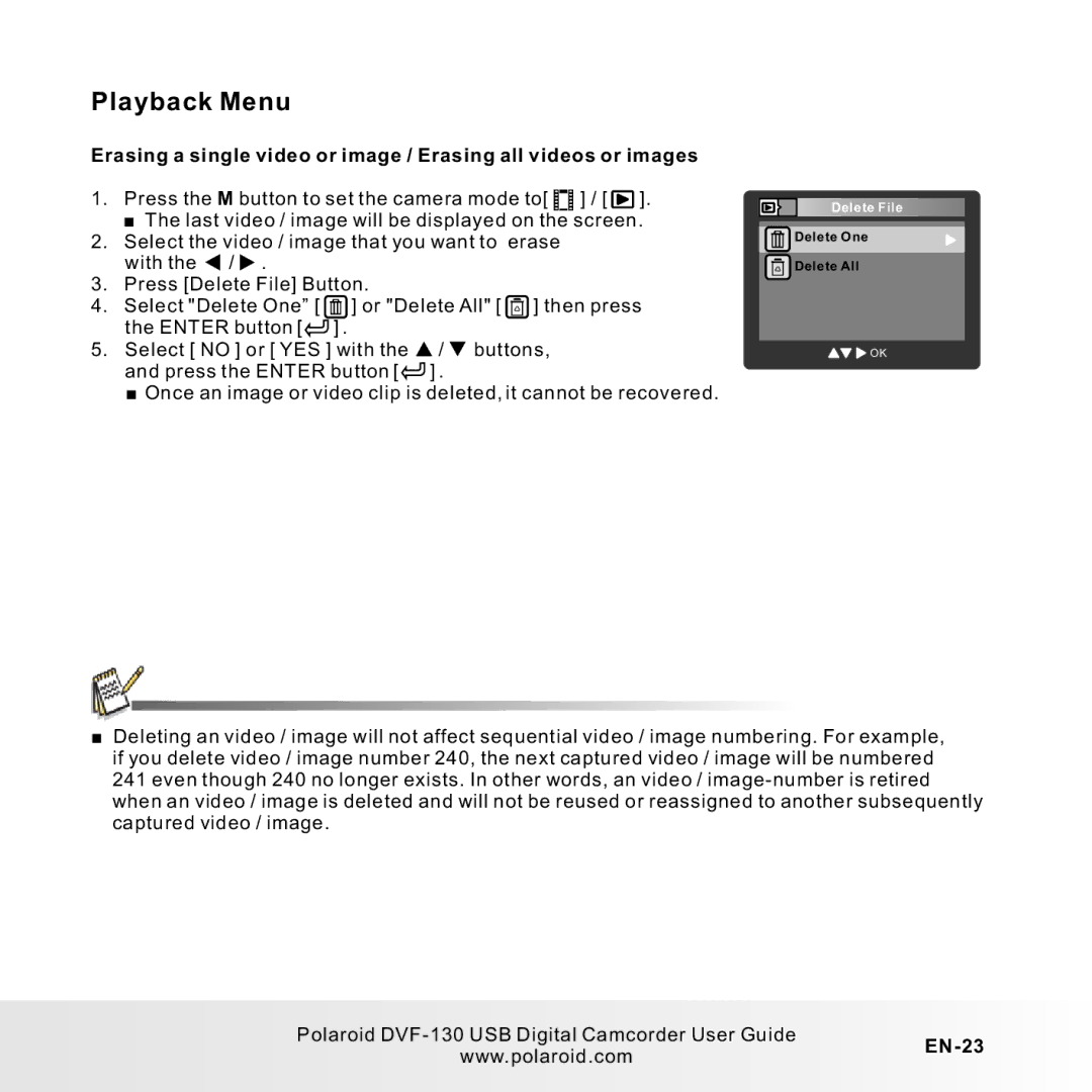 Polaroid DVF-130LC user manual Playback Menu, EN-23 