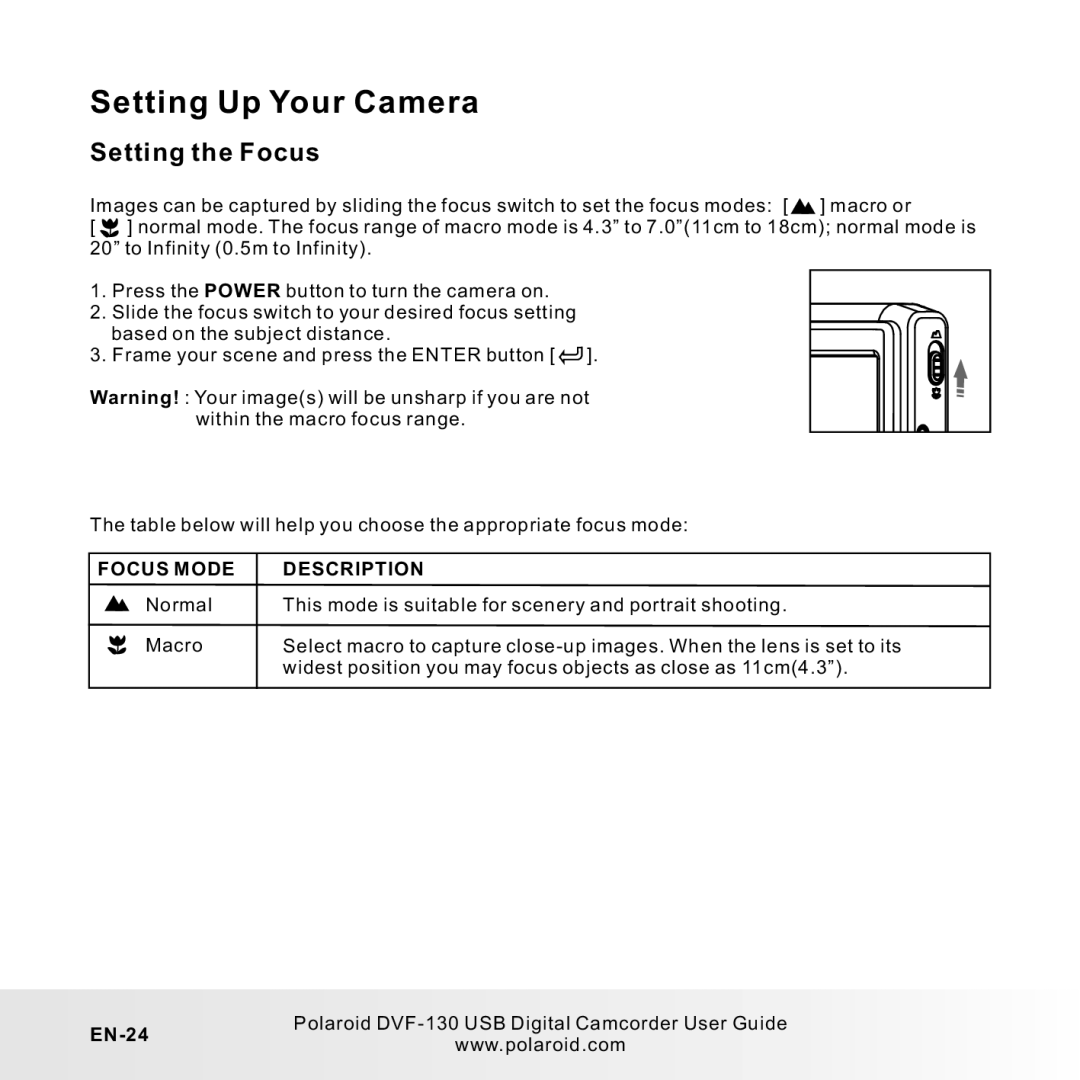 Polaroid DVF-130LC user manual Setting the Focus, EN-24 