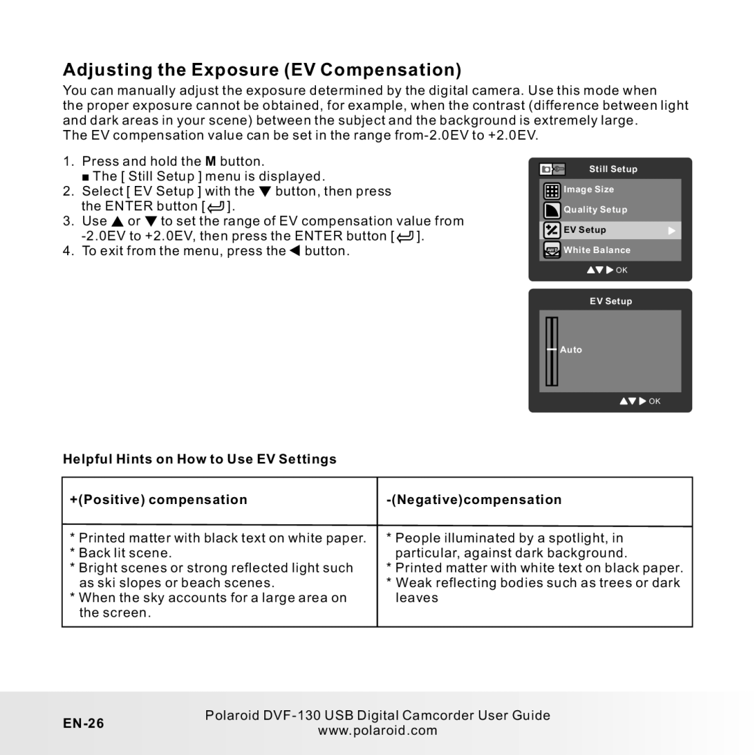 Polaroid DVF-130LC user manual Adjusting the Exposure EV Compensation, Negativecompensation, EN-26 