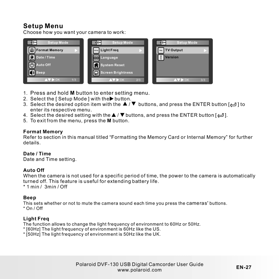 Polaroid DVF-130LC user manual Setup Menu, Press and hold M button to enter setting menu 