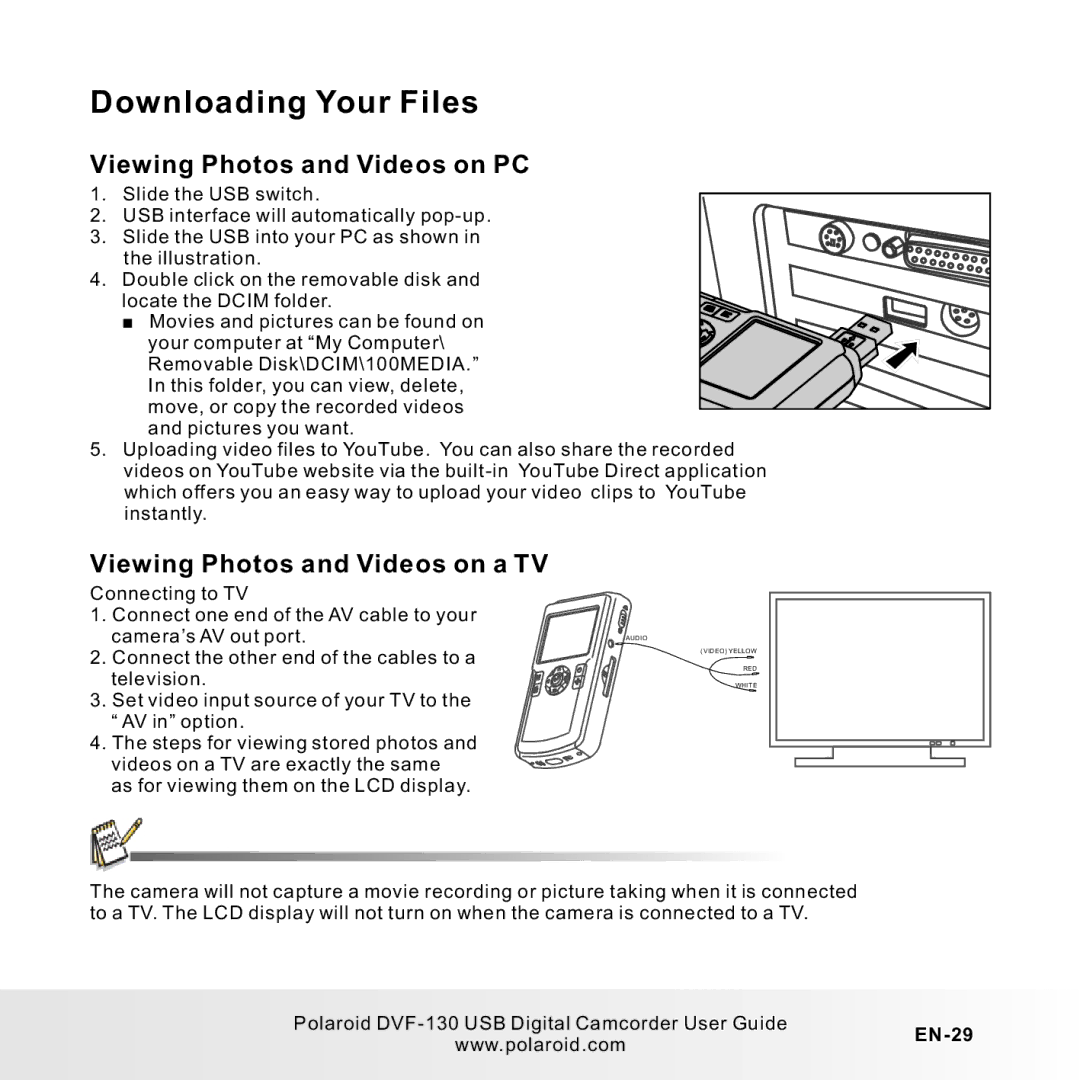 Polaroid DVF-130LC user manual Viewing Photos and Videos on PC, Viewing Photos and Videos on a TV, EN-29 