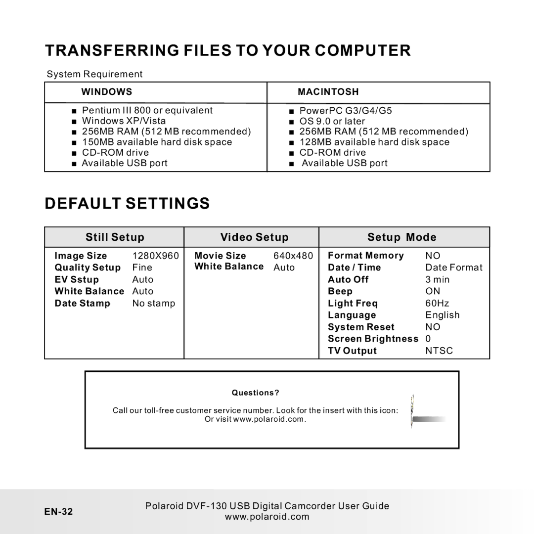 Polaroid DVF-130LC user manual Transferring Files to Your Computer, Default Settings, EN-32 