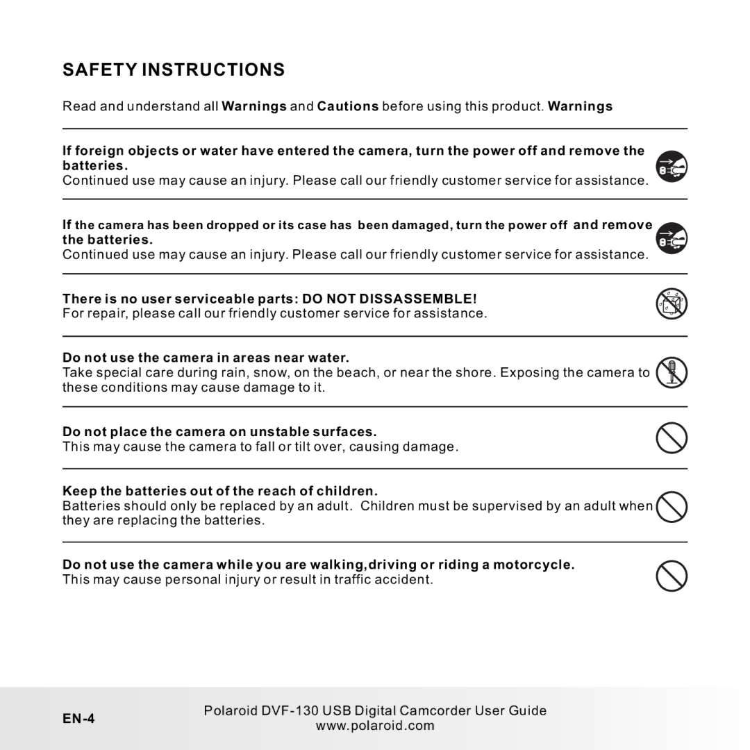 Polaroid DVF-130LC user manual Batteries, There is no user serviceable parts do not Dissassemble, EN-4 