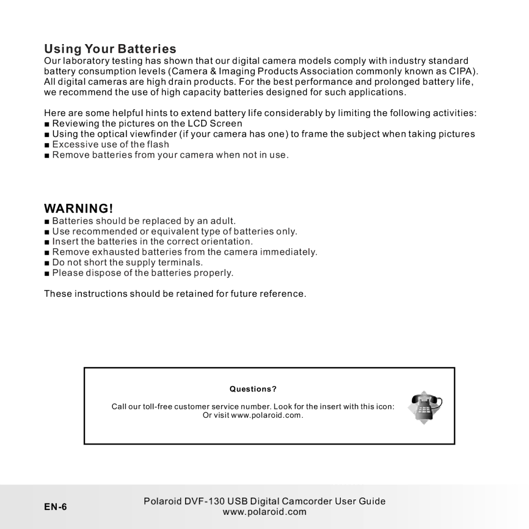 Polaroid DVF-130LC user manual Using Your Batteries, EN-6 