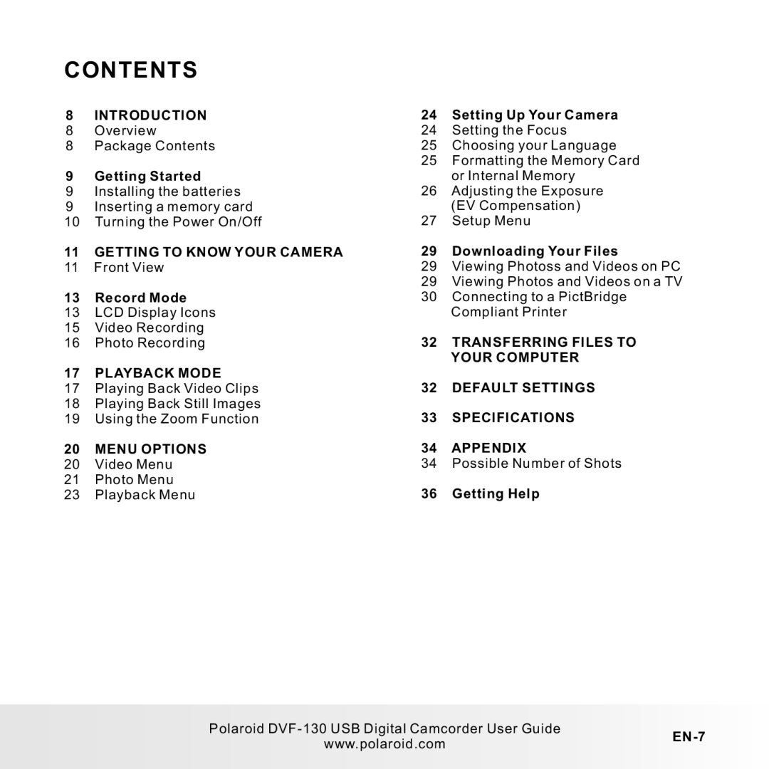 Polaroid DVF-130LC user manual Contents 