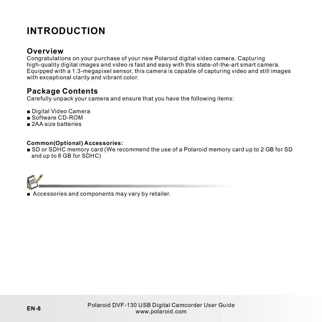 Polaroid DVF-130LC user manual Introduction, Overview, Package Contents 