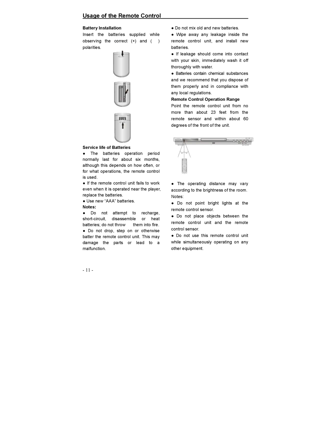 Polaroid DVP-0600 operation manual Usage of the Remote Control, Battery Installation, Service life of Batteries 