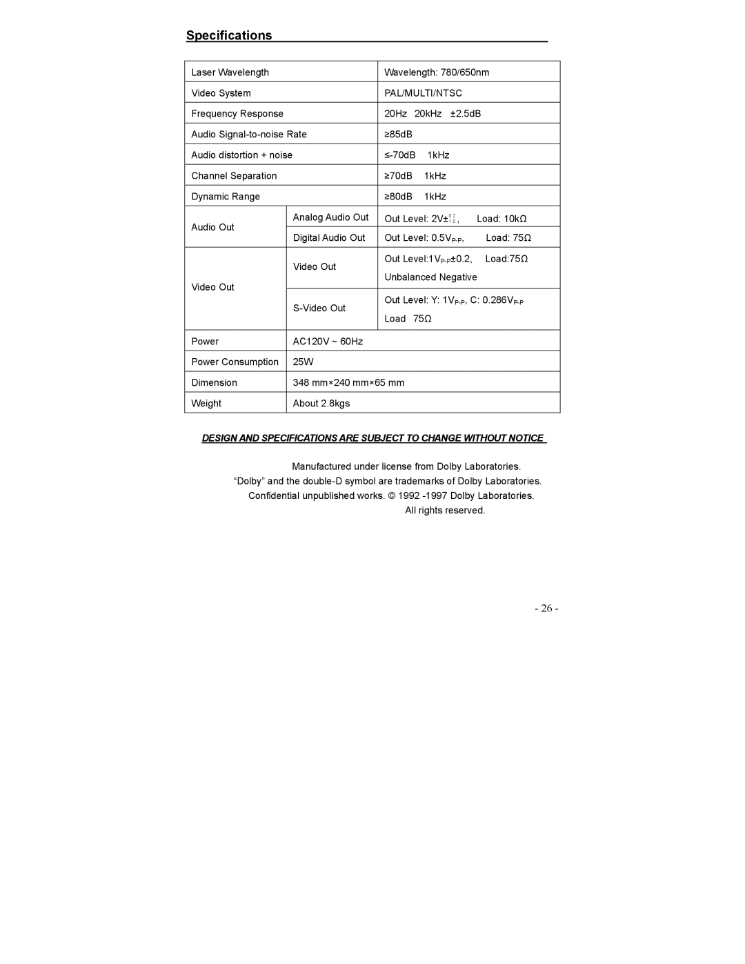 Polaroid DVP-0600 operation manual Specifications, Pal/Multi/Ntsc 