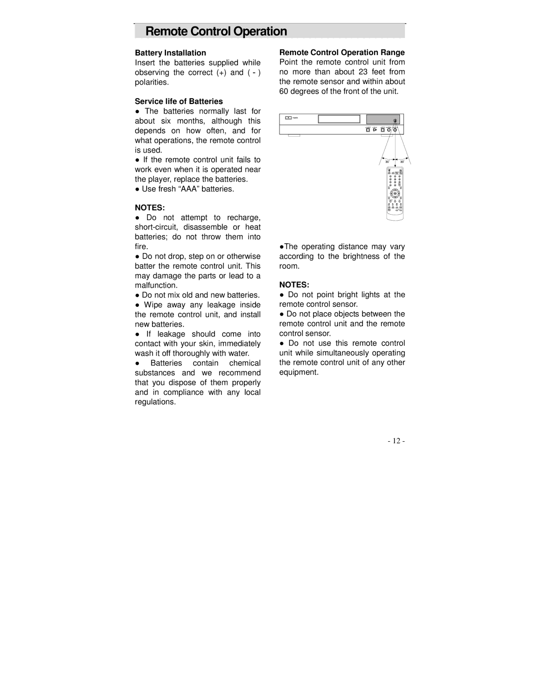 Polaroid DVP 300 operation manual Remote Control Operation, Battery Installation, Service life of Batteries 