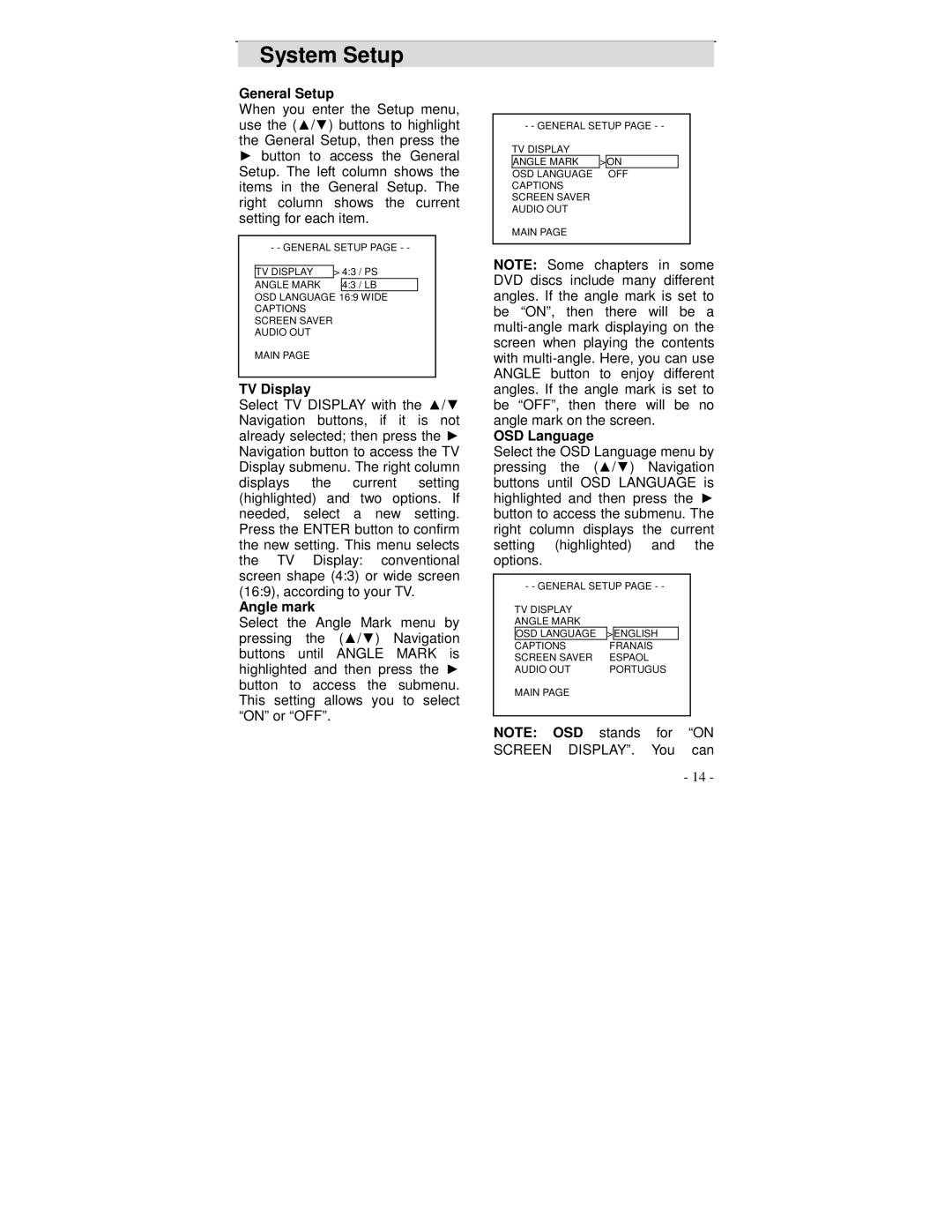 Polaroid DVP 300 operation manual General Setup, TV Display, OSD Language, Angle mark 