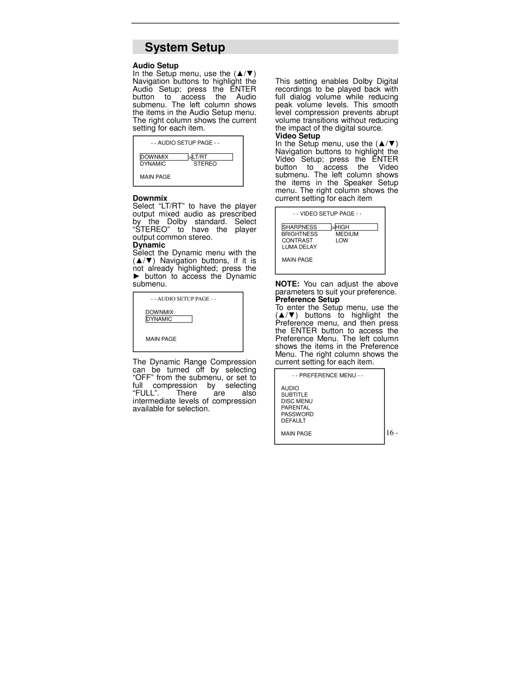 Polaroid DVP 300 operation manual Audio Setup, Downmix, Dynamic, Video Setup, Preference Setup 