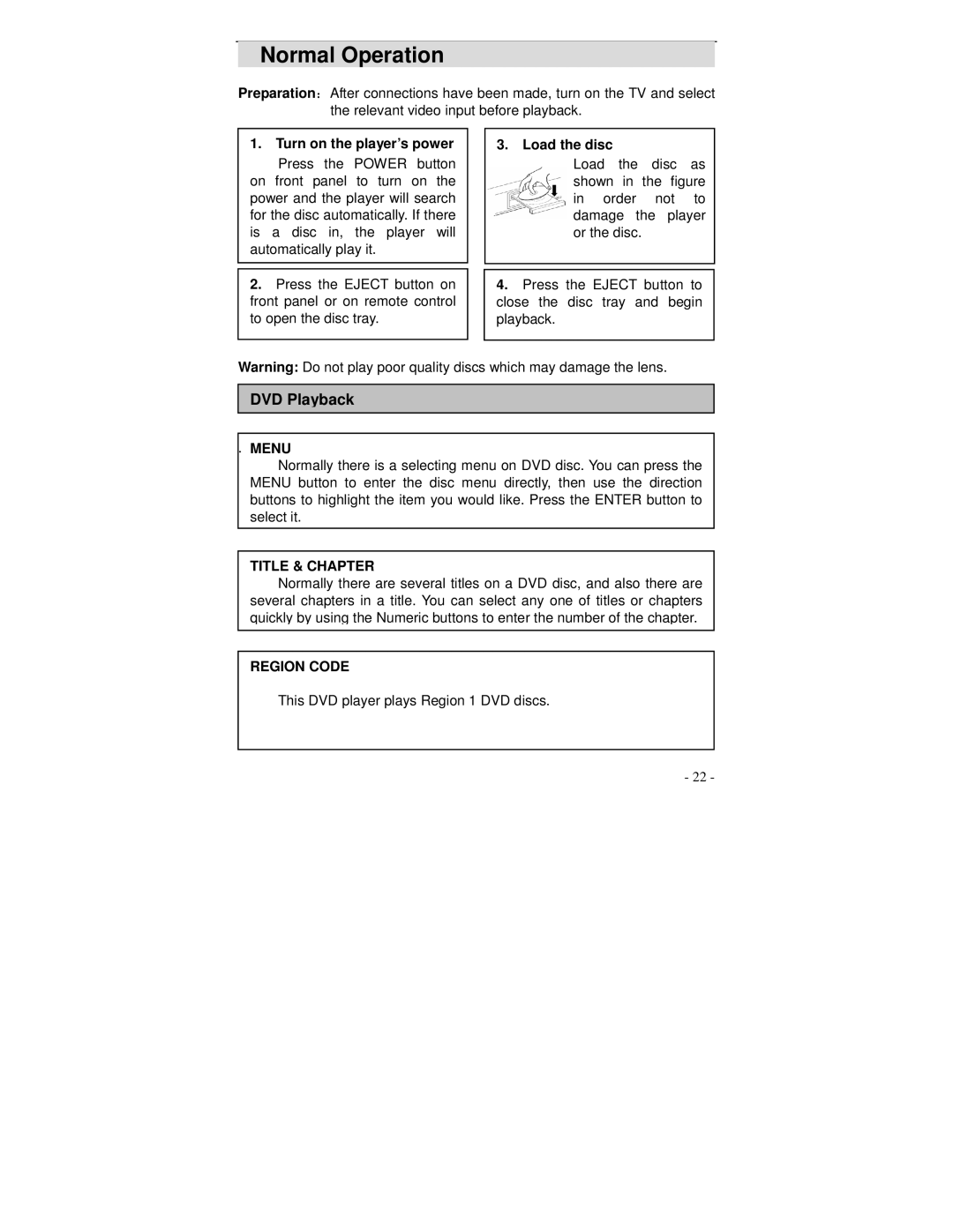 Polaroid DVP 300 operation manual Normal Operation, Menu, Title & Chapter, Region Code 