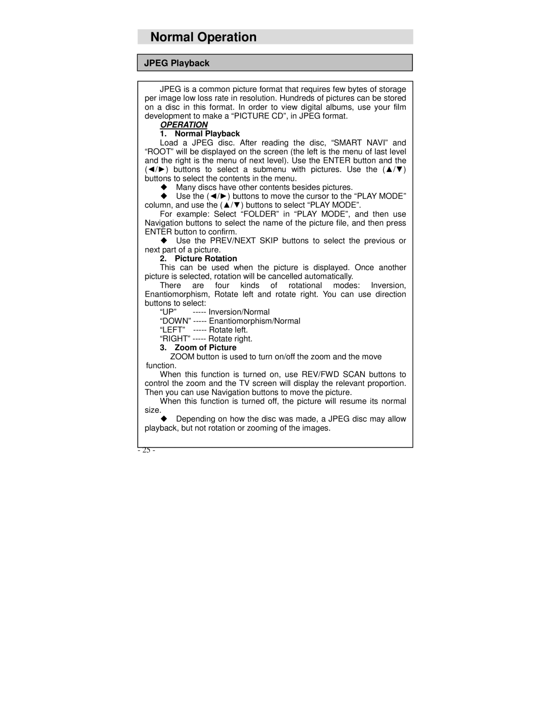 Polaroid DVP 300 operation manual Normal Playback, Picture Rotation, Zoom of Picture 