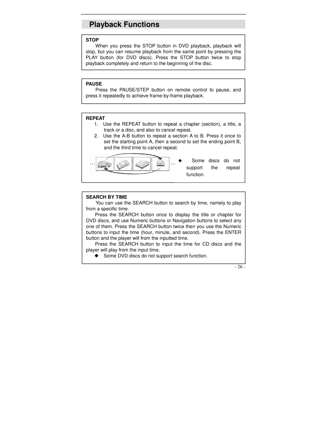 Polaroid DVP 300 operation manual Playback Functions, Stop, Pause, Repeat, Search by Time 