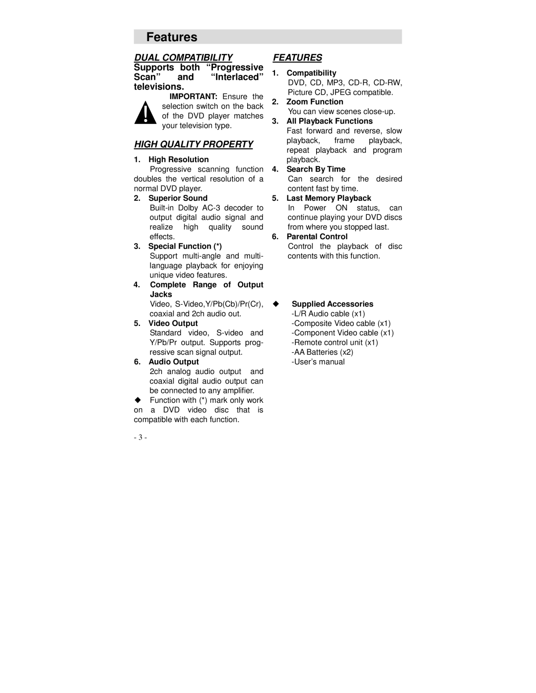 Polaroid DVP 300 operation manual Features 