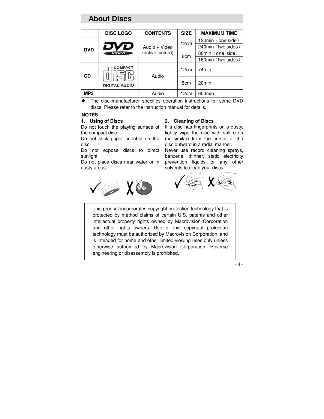 Polaroid DVP 300 operation manual About Discs, Disc Logo Contents Size Maximum Time, Dvd, MP3 