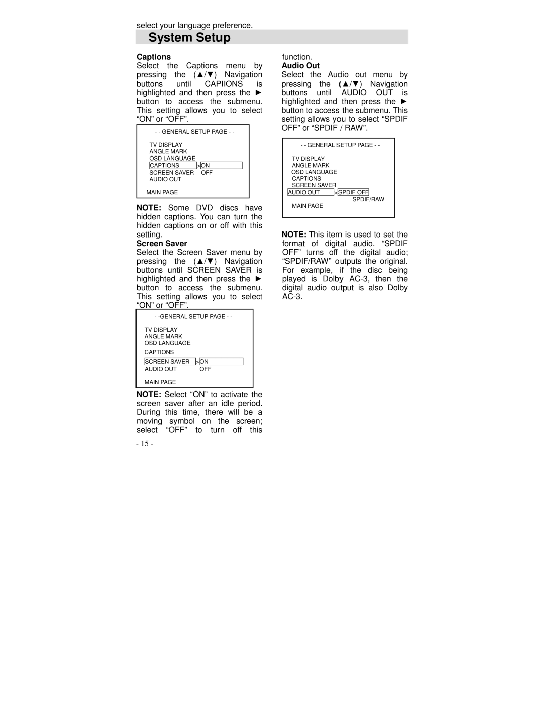 Polaroid DVP 500 operation manual Captions, Screen Saver, Audio Out 