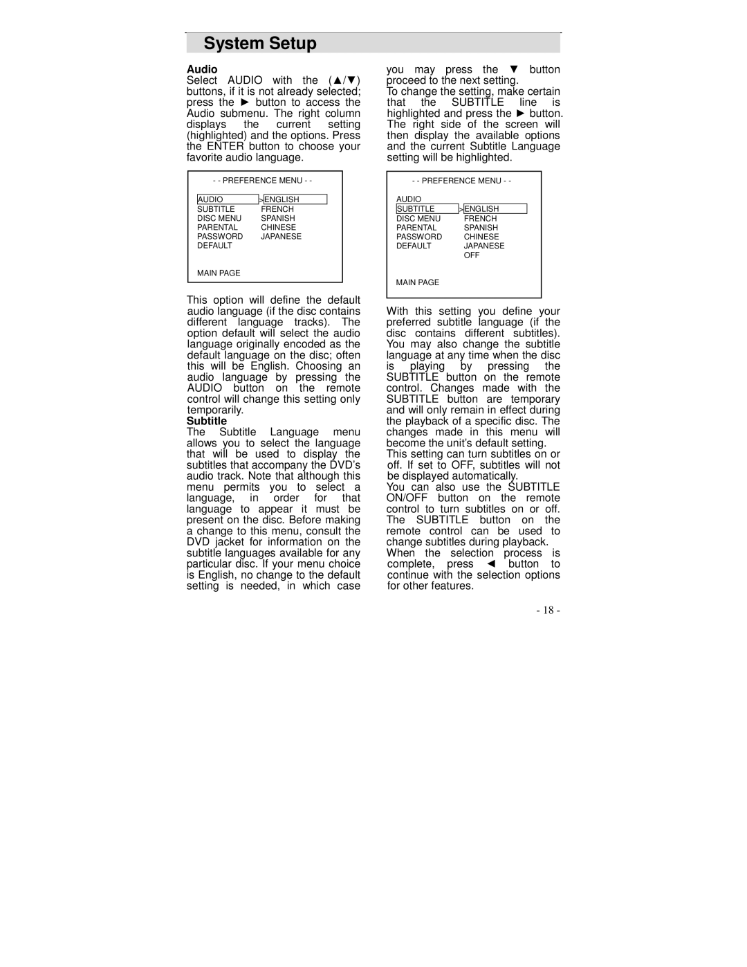 Polaroid DVP 500 operation manual Audio, Subtitle 