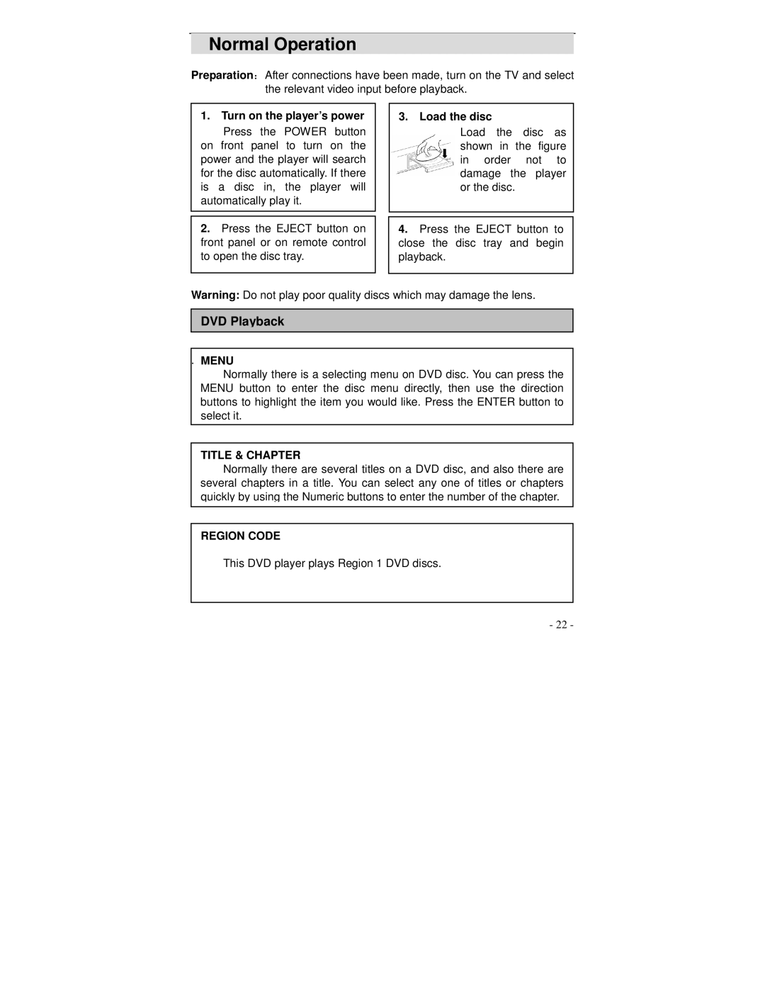 Polaroid DVP 500 operation manual Normal Operation, Menu, Title & Chapter, Region Code 