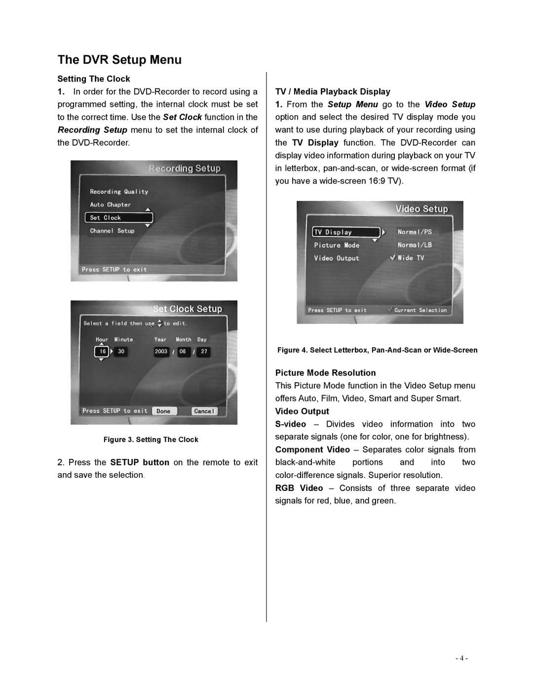 Polaroid DVR-0800 operation manual Setting The Clock, TV / Media Playback Display, Picture Mode Resolution, Video Output 