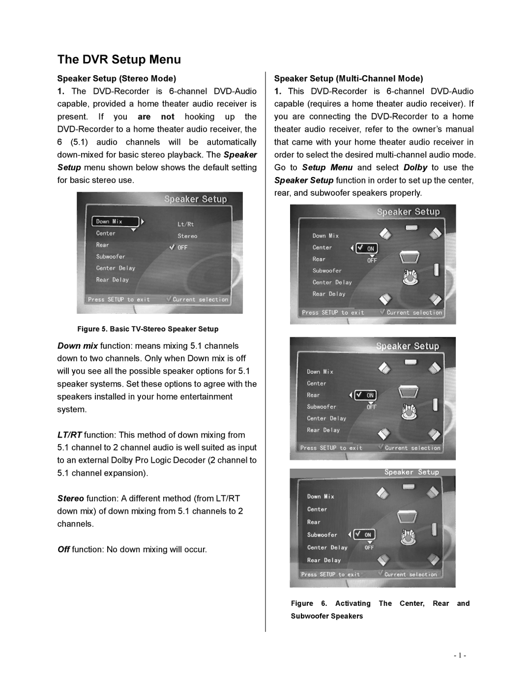 Polaroid DVR-0800 operation manual Speaker Setup Stereo Mode, Speaker Setup Multi-Channel Mode 