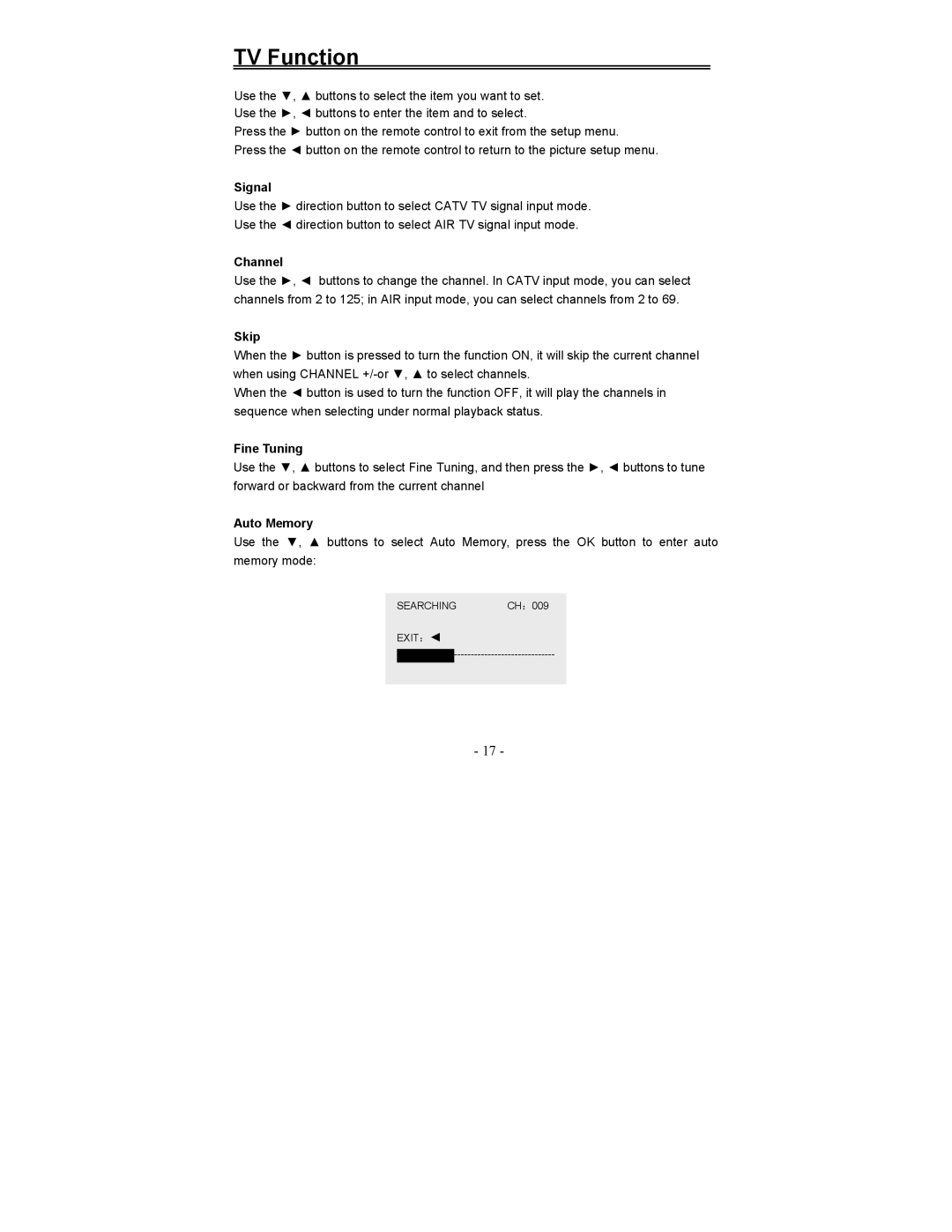 Polaroid FCM-0700A manual Signal, Channel, Skip, Fine Tuning, Auto Memory 