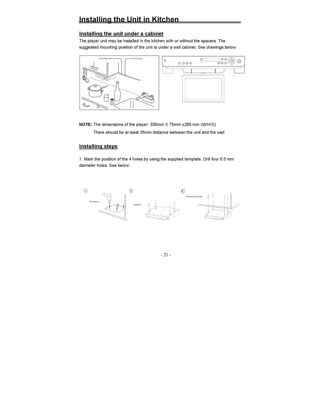 Polaroid FCM-0700A manual Installing the Unit in Kitchen, Installing the unit under a cabinet, Installing steps 