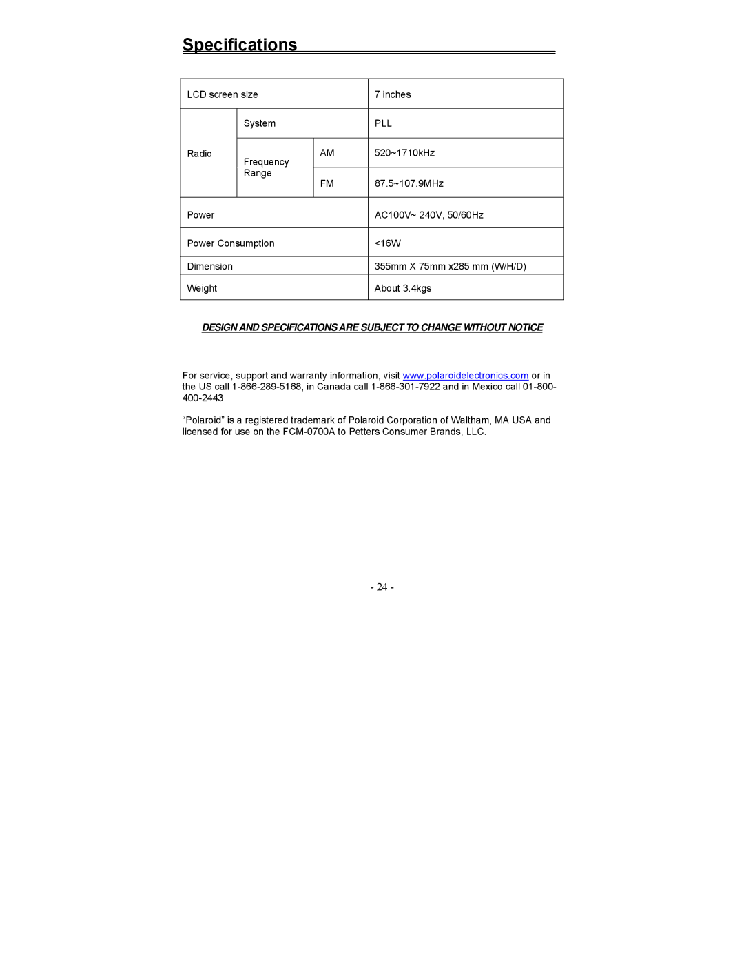 Polaroid FCM-0700A manual Specifications, Pll 