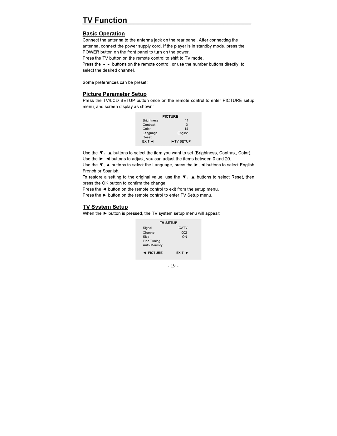 Polaroid FDM-0700A manual TV Function, Basic Operation, Picture Parameter Setup, TV System Setup 