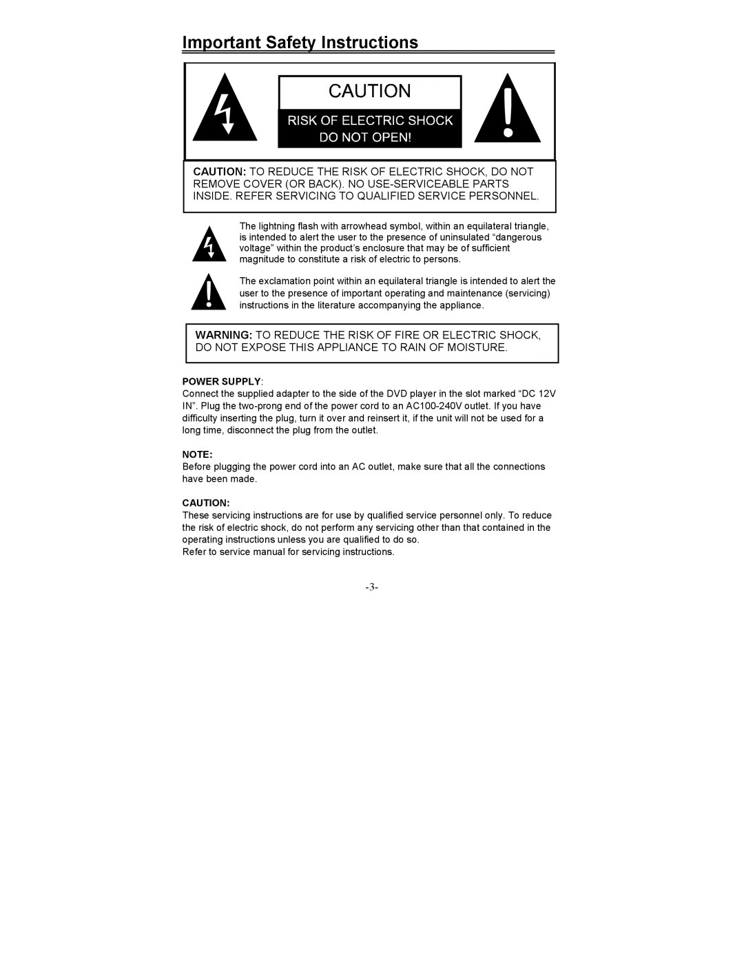 Polaroid FDM-0700A manual Important Safety Instructions, Power Supply 