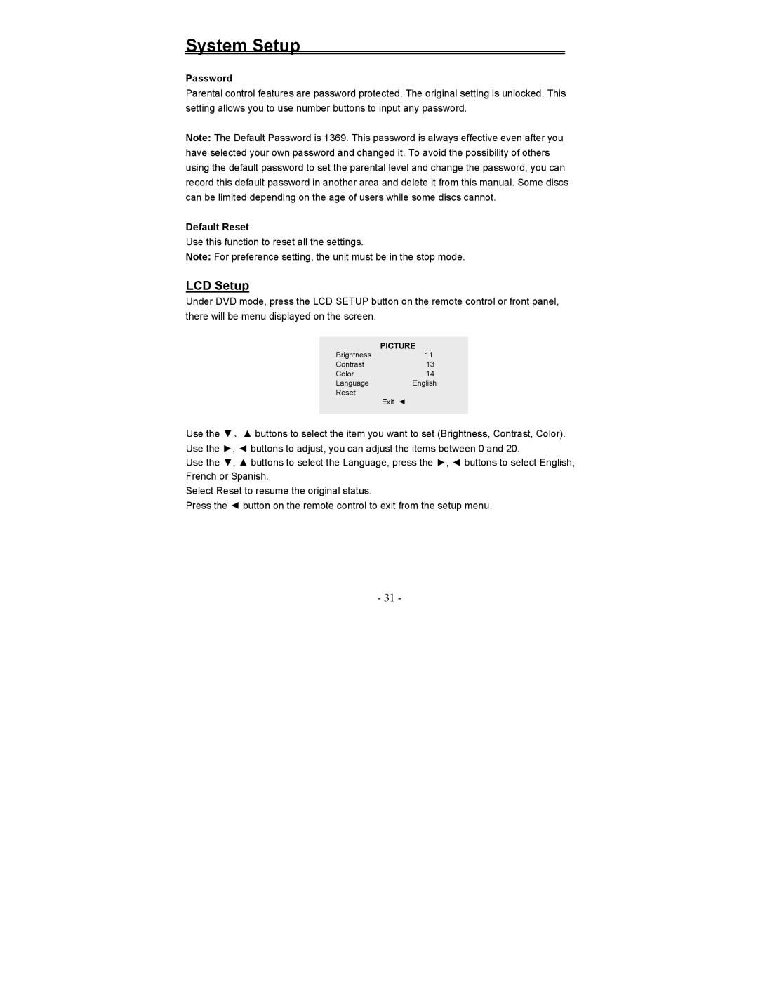 Polaroid FDM-0700A manual LCD Setup, Password, Default Reset 