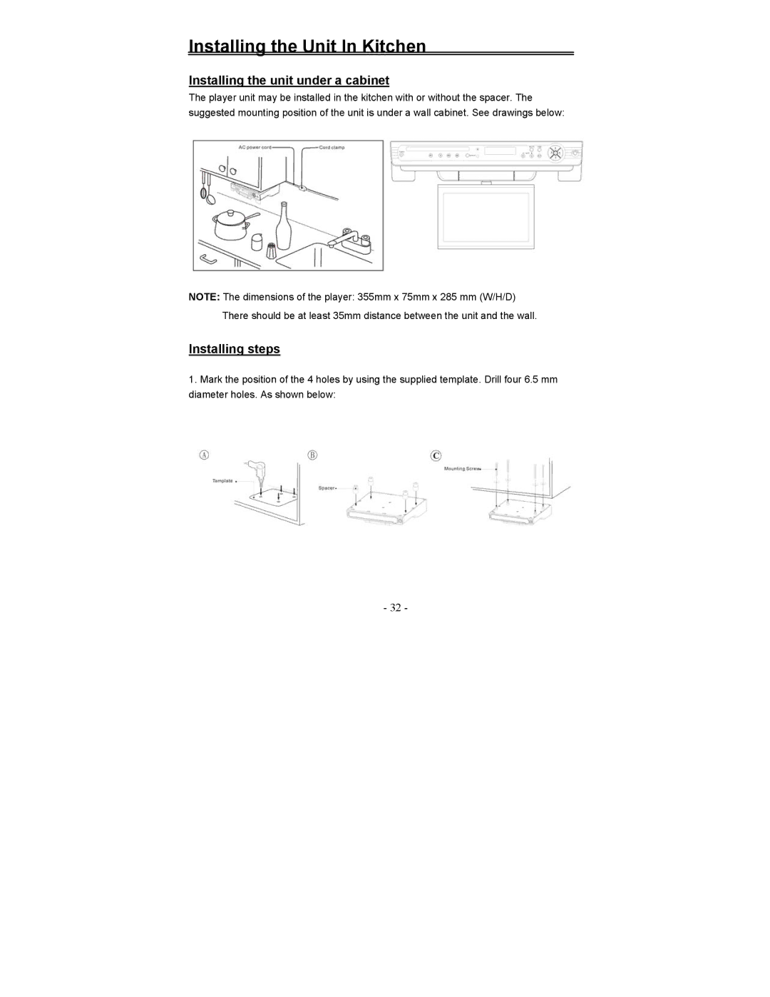 Polaroid FDM-0700A manual Installing the Unit In Kitchen, Installing the unit under a cabinet, Installing steps 