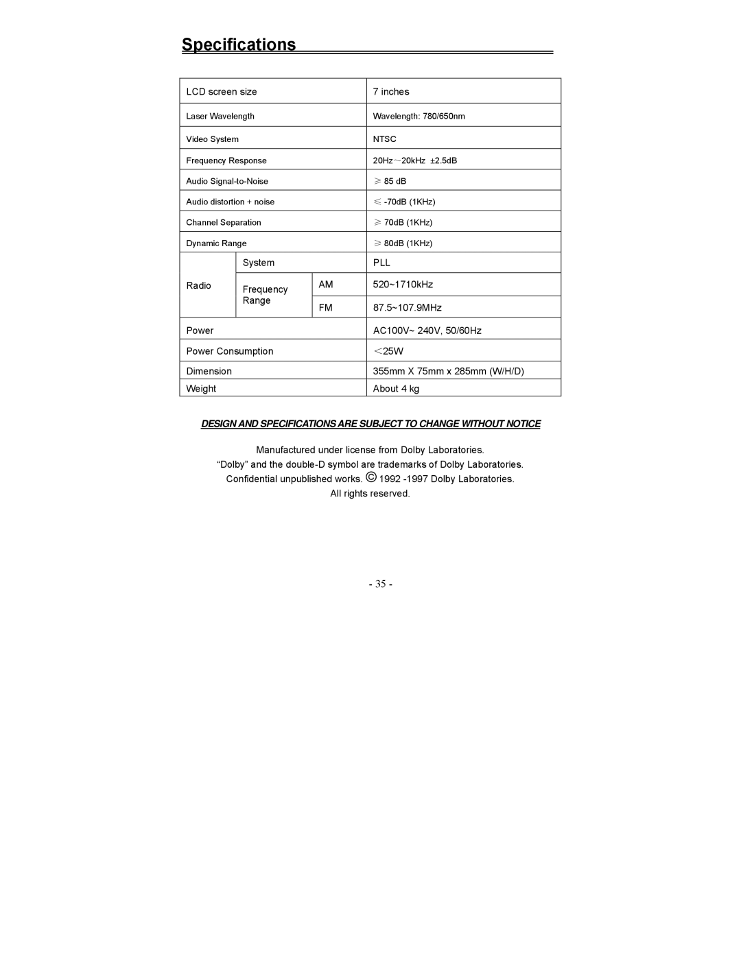 Polaroid FDM-0700A manual Specifications, LCD screen size Inches 