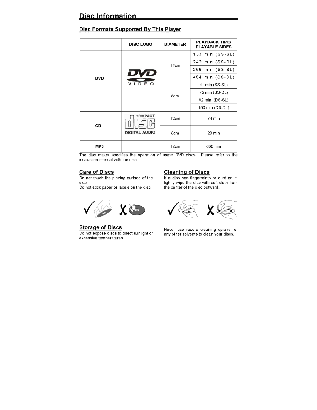 Polaroid FDM-0700A manual Disc Information, Disc Formats Supported By This Player 