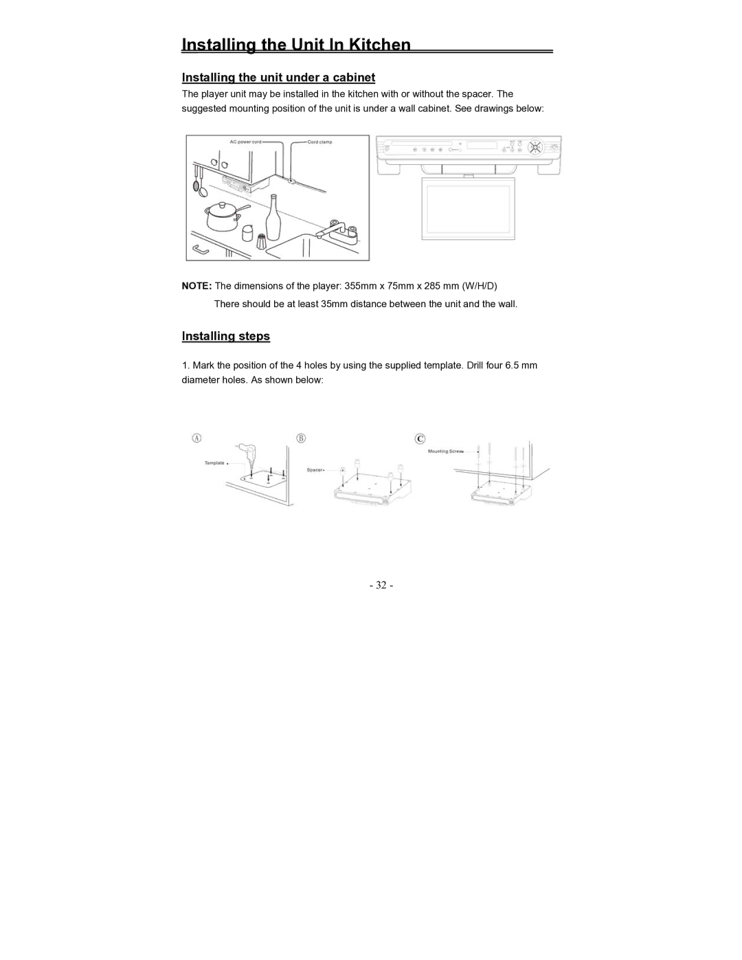 Polaroid FDM-1000A manual Installing the Unit In Kitchen, Installing the unit under a cabinet, Installing steps 