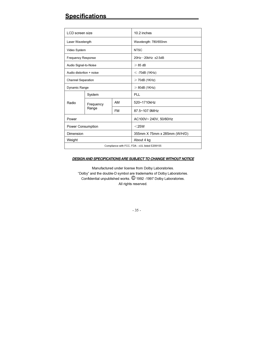 Polaroid FDM-1000A manual Specifications, LCD screen size Inches 