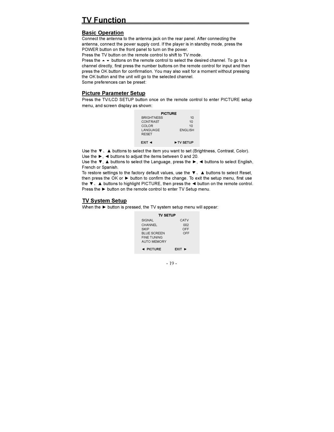 Polaroid FDX-0700T manual TV Function, Basic Operation, Picture Parameter Setup, TV System Setup 