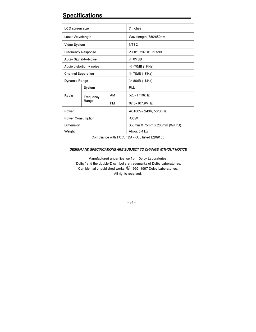 Polaroid FDX-0700T manual Specifications, Ntsc 