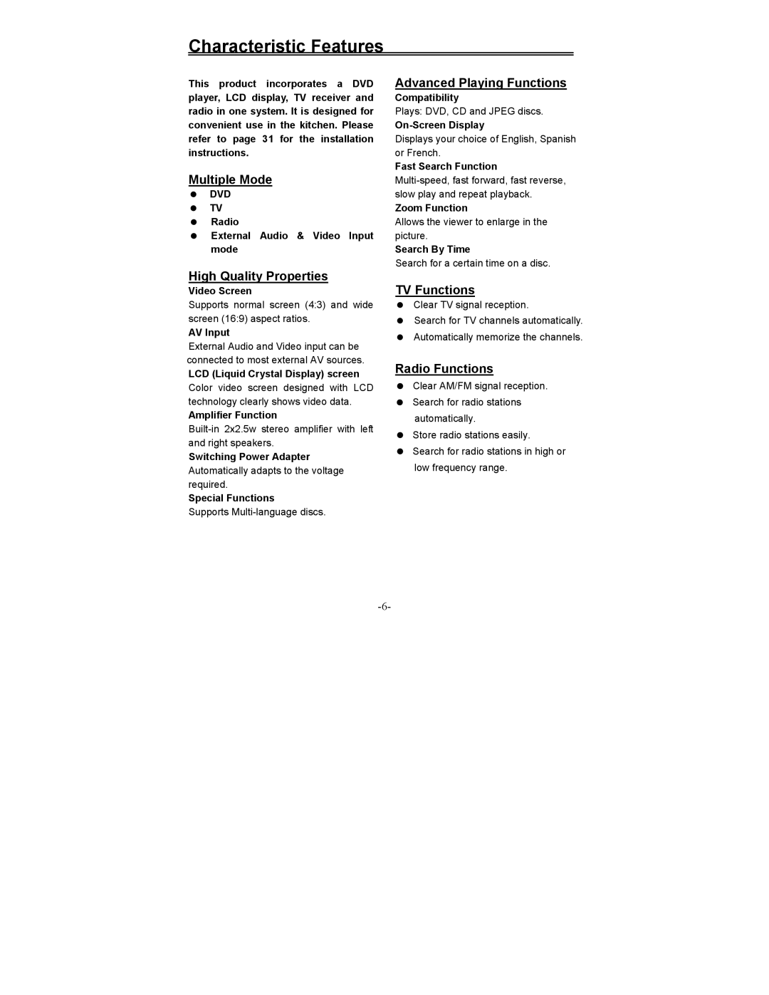 Polaroid FDX-0700T manual Characteristic Features 