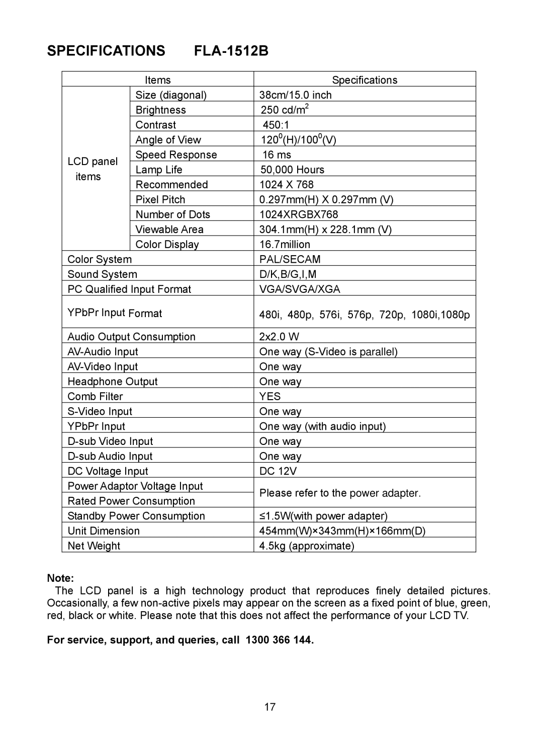 Polaroid FLA-1512B manual Specifications, Pal/Secam, B/G,I,M, Vga/Svga/Xga, Yes 