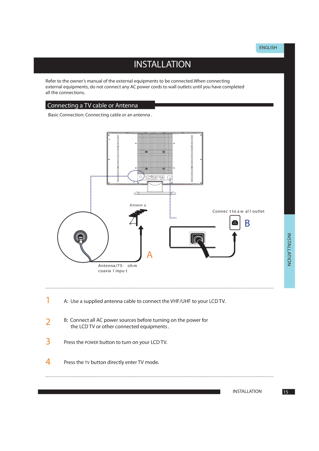 Polaroid FLA-1911B manual Installation, Connecting a TV cable or Antenna 