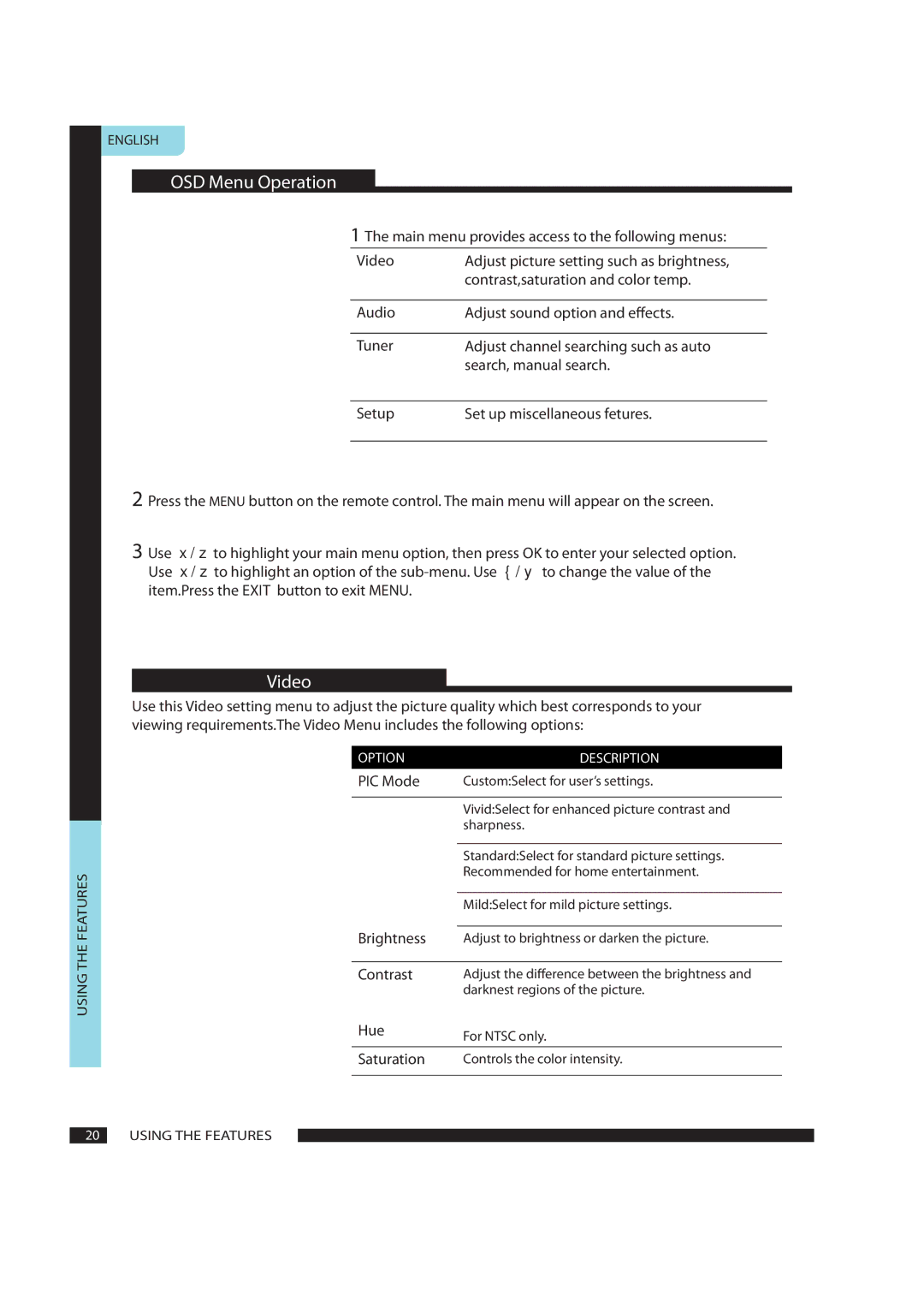 Polaroid FLA-1911B manual OSD Menu Operation, Video 