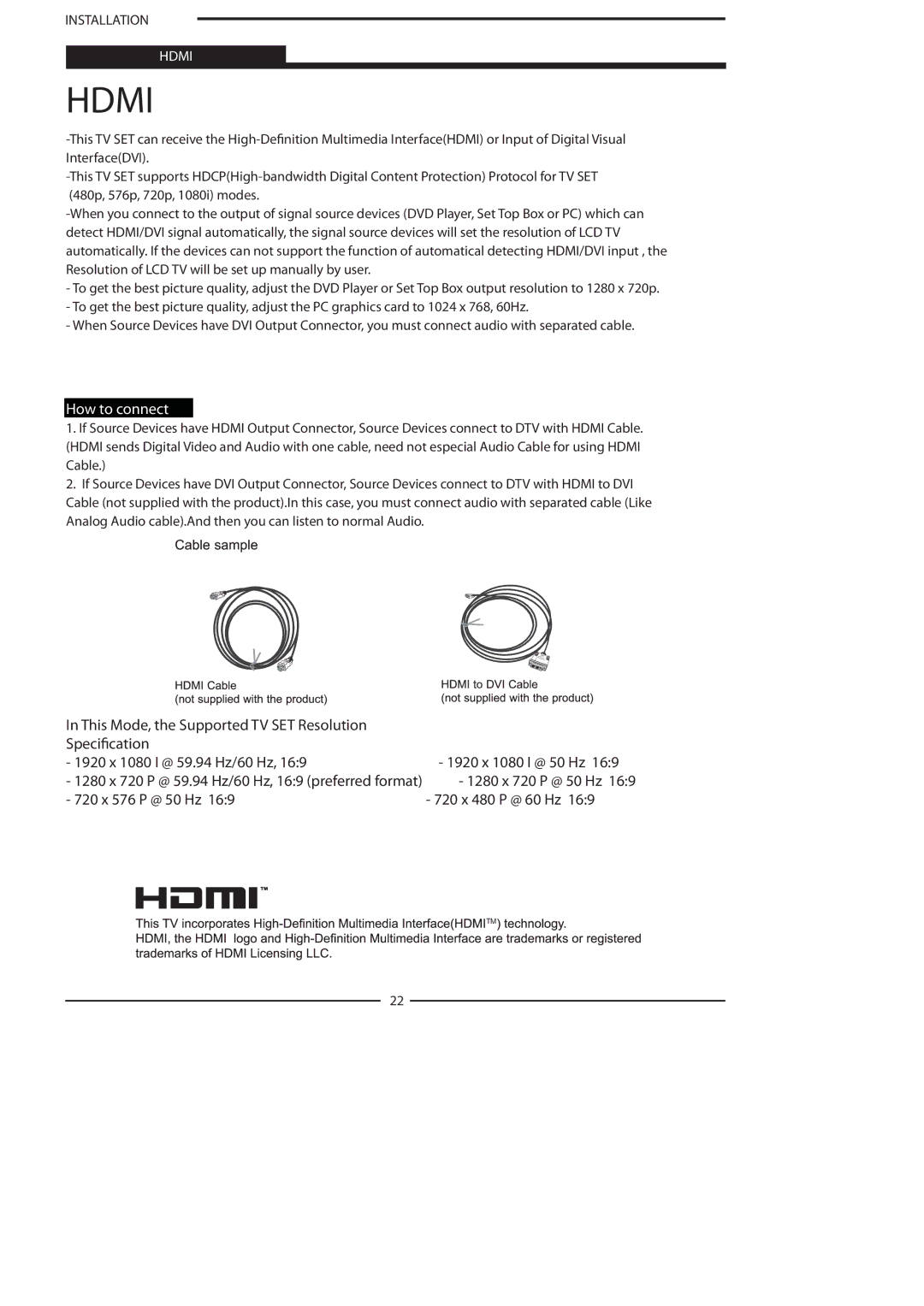 Polaroid FLA-3732B, FLA-3232B manual Hdmi, 720 x 576 P @ 50 Hz 720 x 480 P @ 60 Hz 