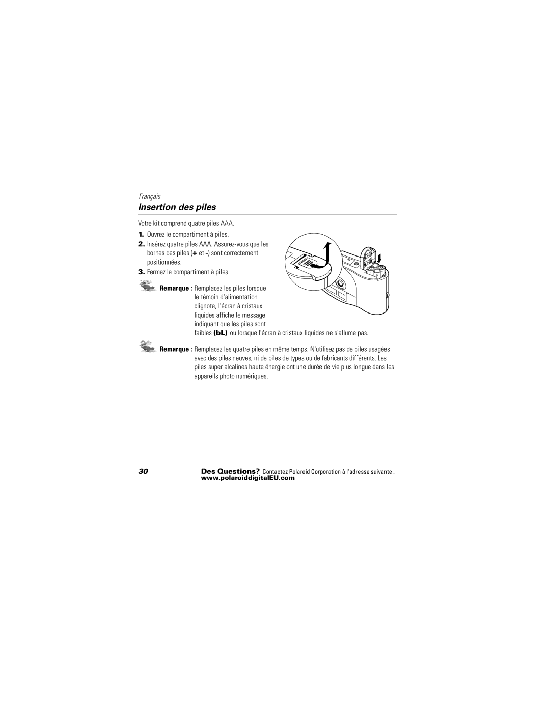 Polaroid Flash 640 SE manual Insertion des piles 