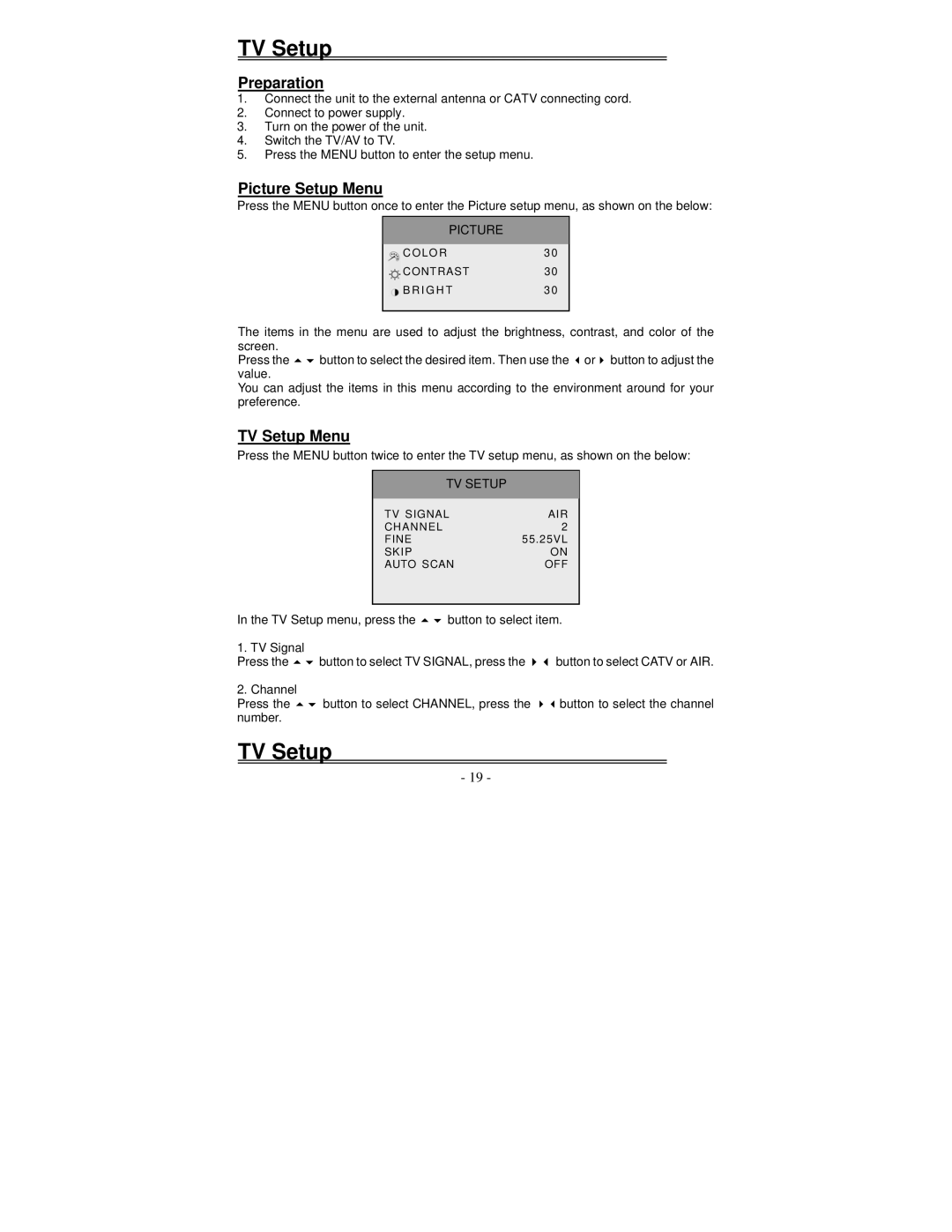 Polaroid FLM-0711LA manual Preparation, Picture Setup Menu, TV Setup Menu 