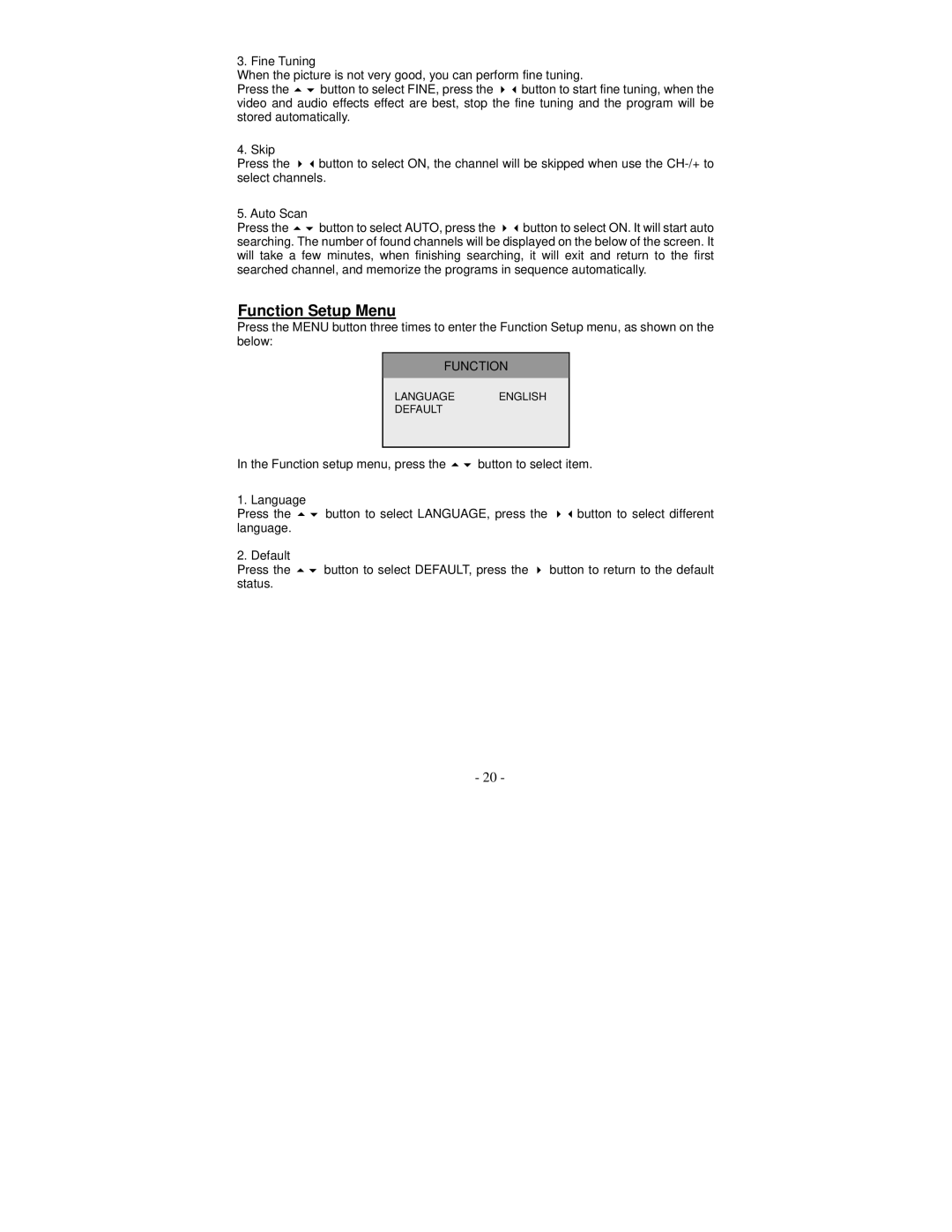 Polaroid FLM-0711LA manual Function Setup Menu 